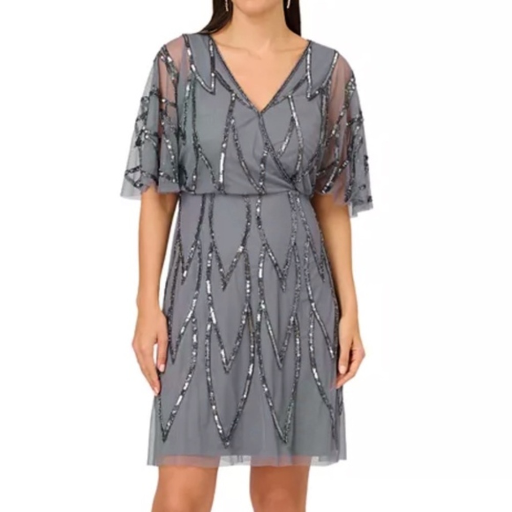Adrianna‎ Papell - Beaded Mesh Flutter-Sleeve Dress